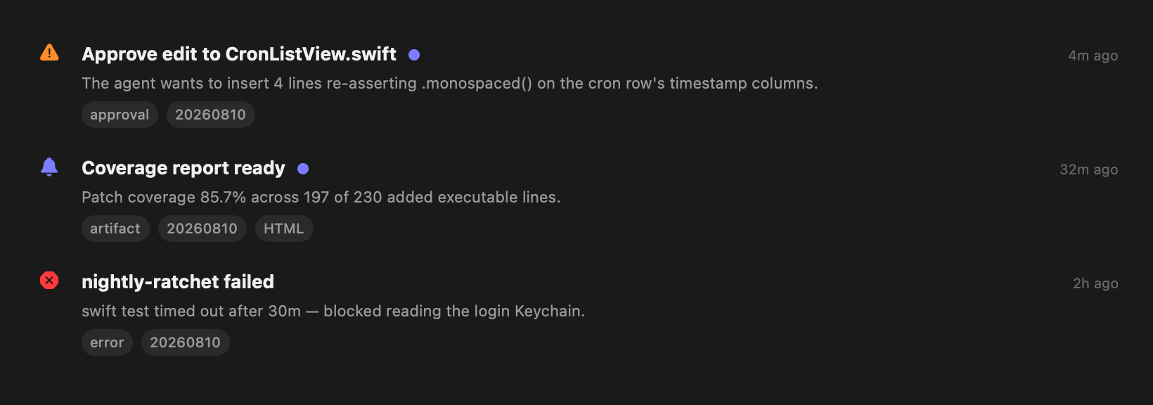 Three activity inbox rows: a warning-severity approval request, an info-severity coverage artifact with an HTML pill, and a read error row for a failed cron job.
