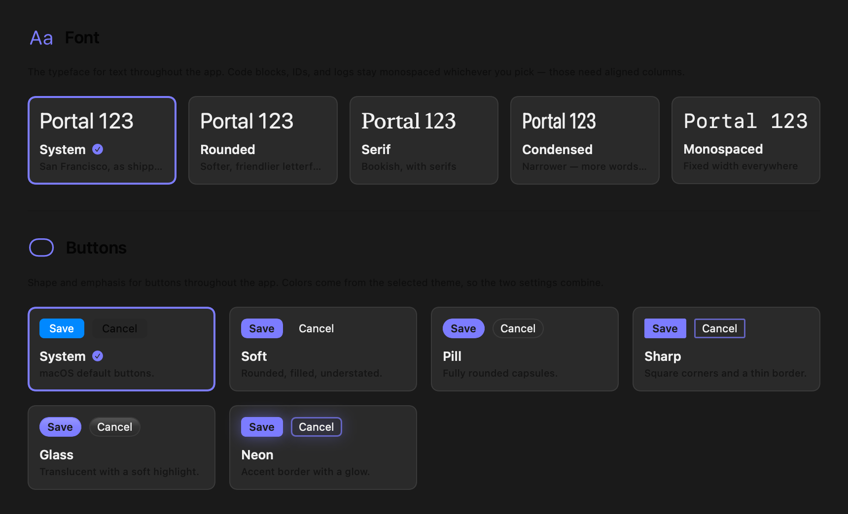 Portal's Appearance settings: a Font section with five typeface cards and a Buttons section with six button-style cards including glass and neon.