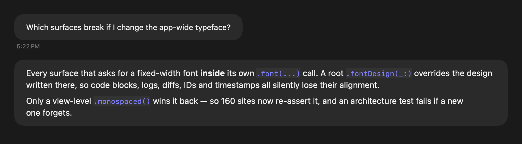 A Portal chat transcript: a user question in a rounded bubble above a full-width assistant response with inline code spans.
