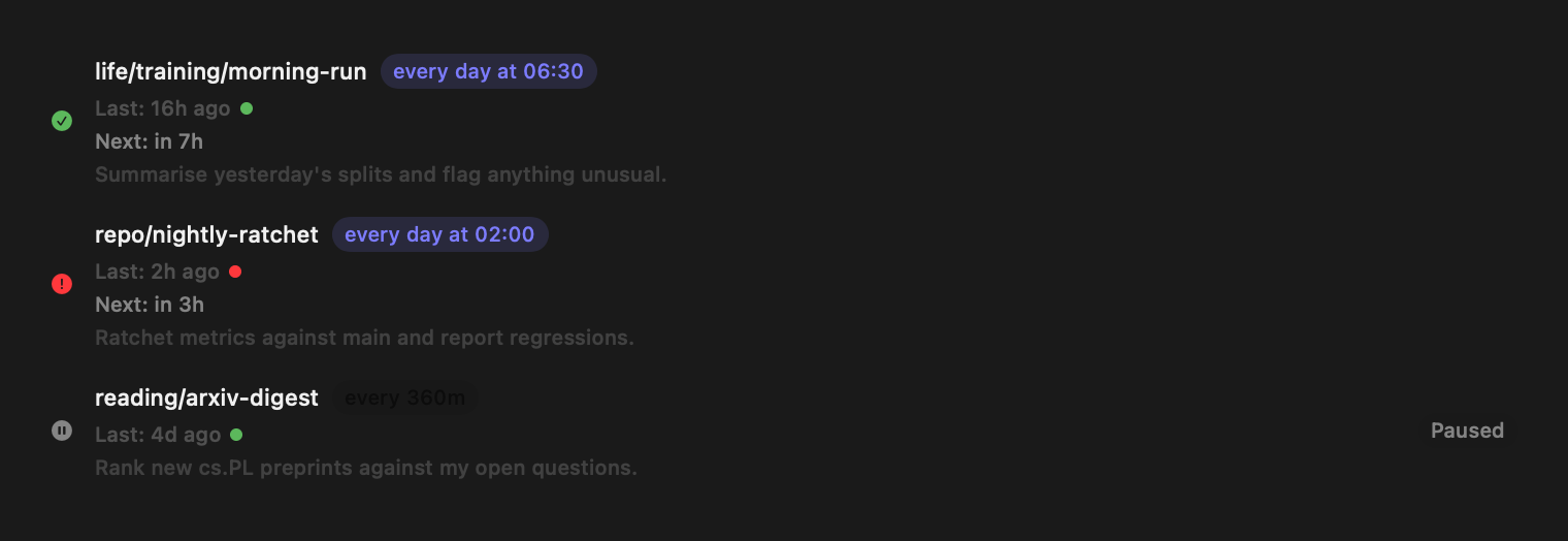 Three cron job rows: a healthy daily run, a failed nightly ratchet with a red status dot, and a paused digest job.