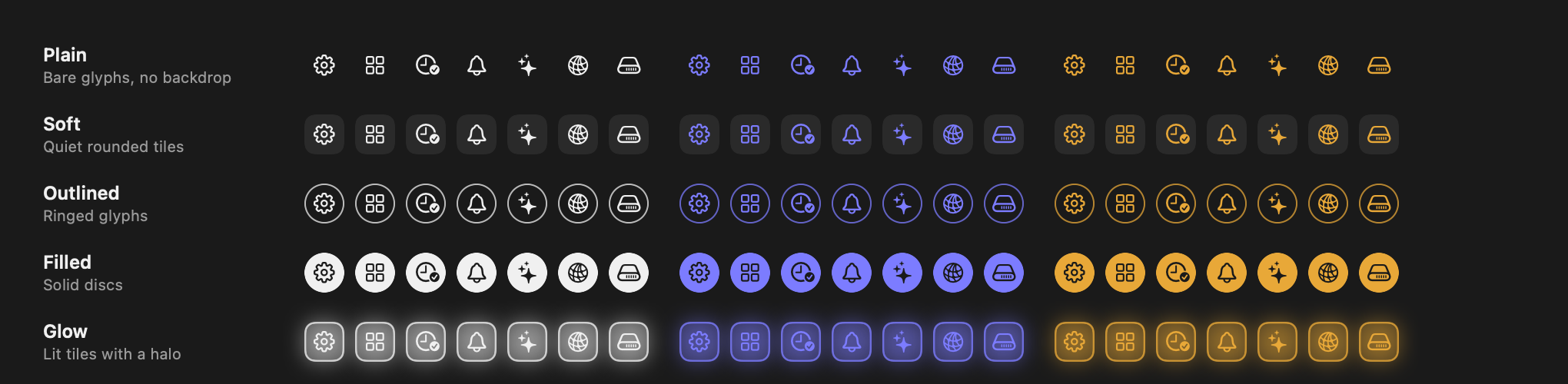 A grid of Portal toolbar icons: five treatments — plain, soft, outlined, filled, glow — each shown in neutral, accent and warning tints.