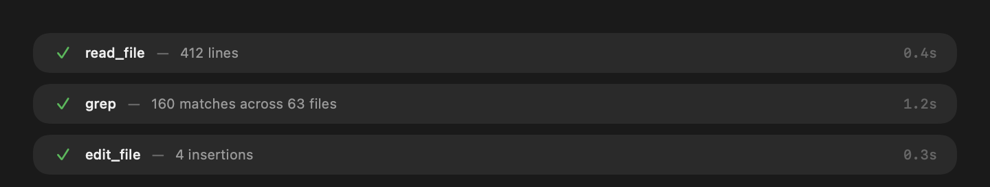 Three completed tool-call pills: read_file, grep and edit_file, each with a green check, a result summary and an elapsed time.