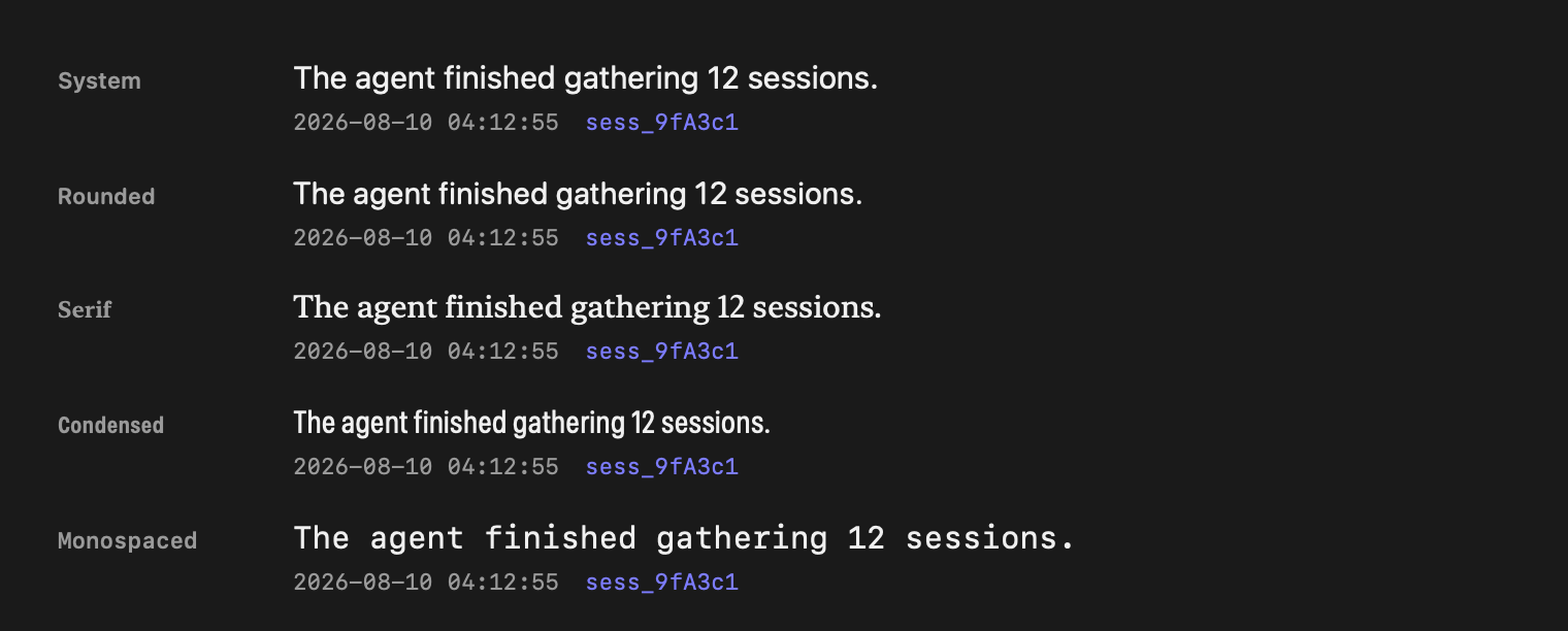 The same sentence and a monospaced timestamp rendered in all five Portal typefaces: system, rounded, serif, condensed and monospaced.