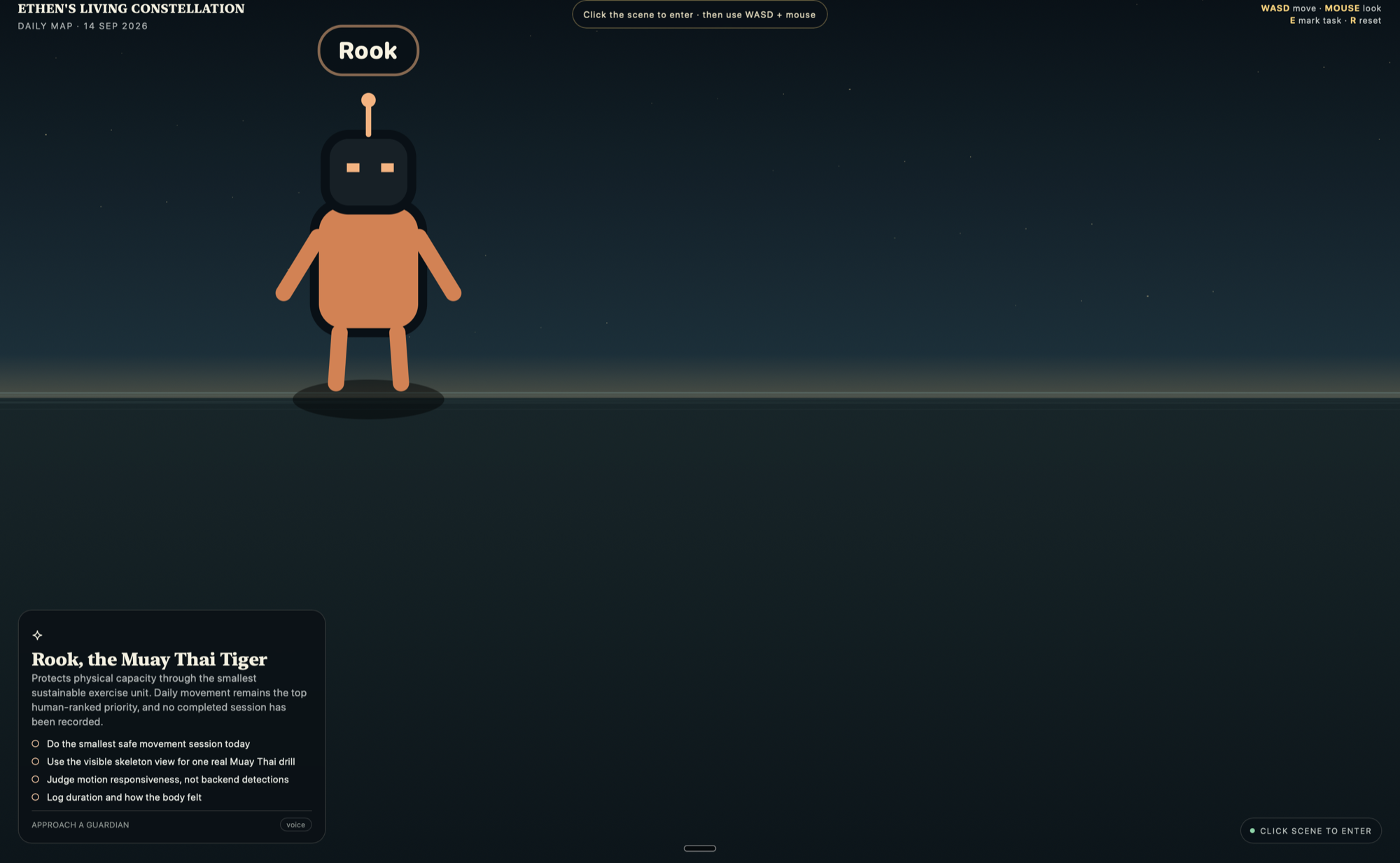 A generated 3D world artifact, Ethen's Living Constellation: a robot guardian named Rook stands on a horizon under a starfield, a card at lower left describes Rook, the Muay Thai Tiger, with four checklist tasks, and a WASD and mouse control hint sits top right with a Click scene to enter prompt.